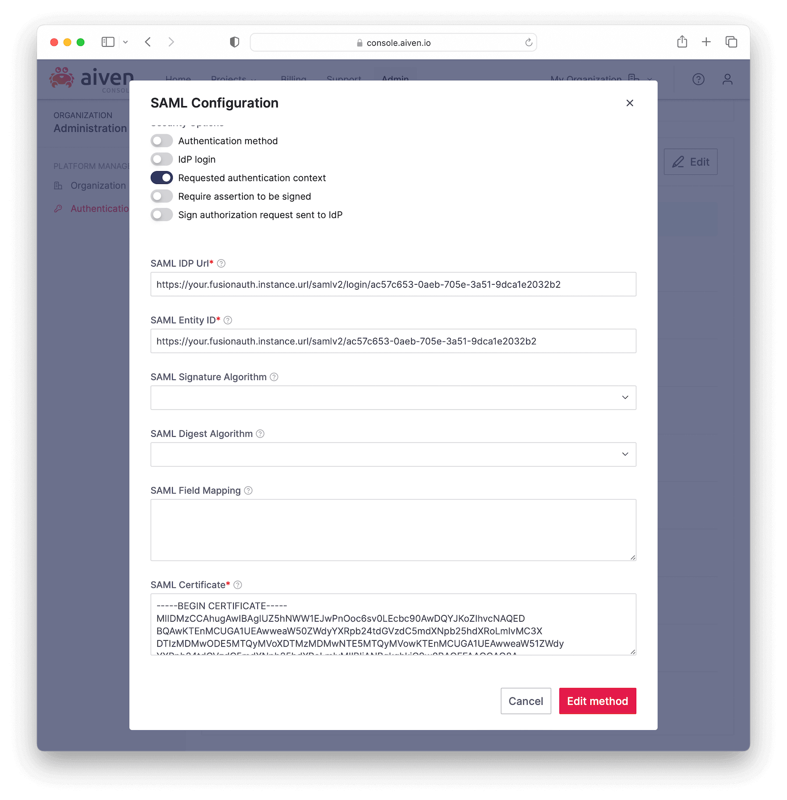 Configuring SAML in Aiven.