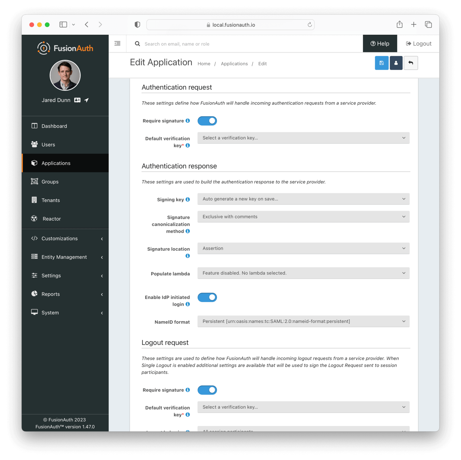 Application SAML v2 Authentication Configuration