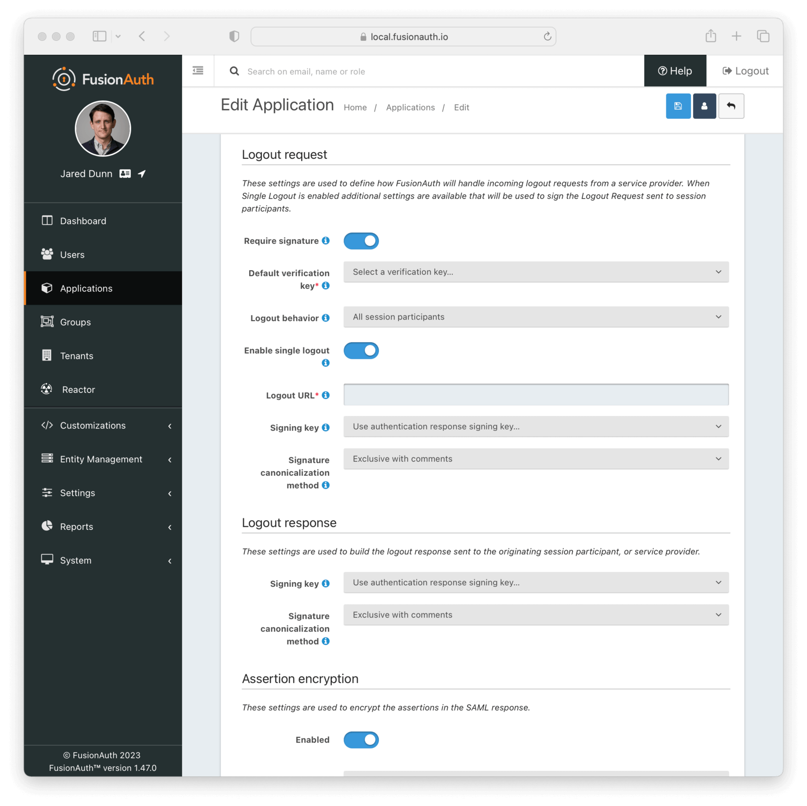 Application SAML v2 Logout Configuration