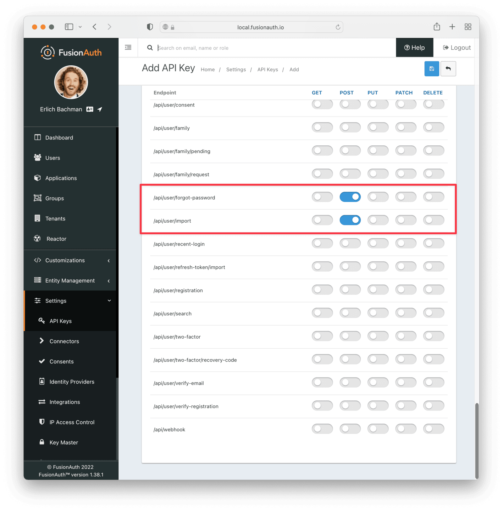 Setting API key permissions