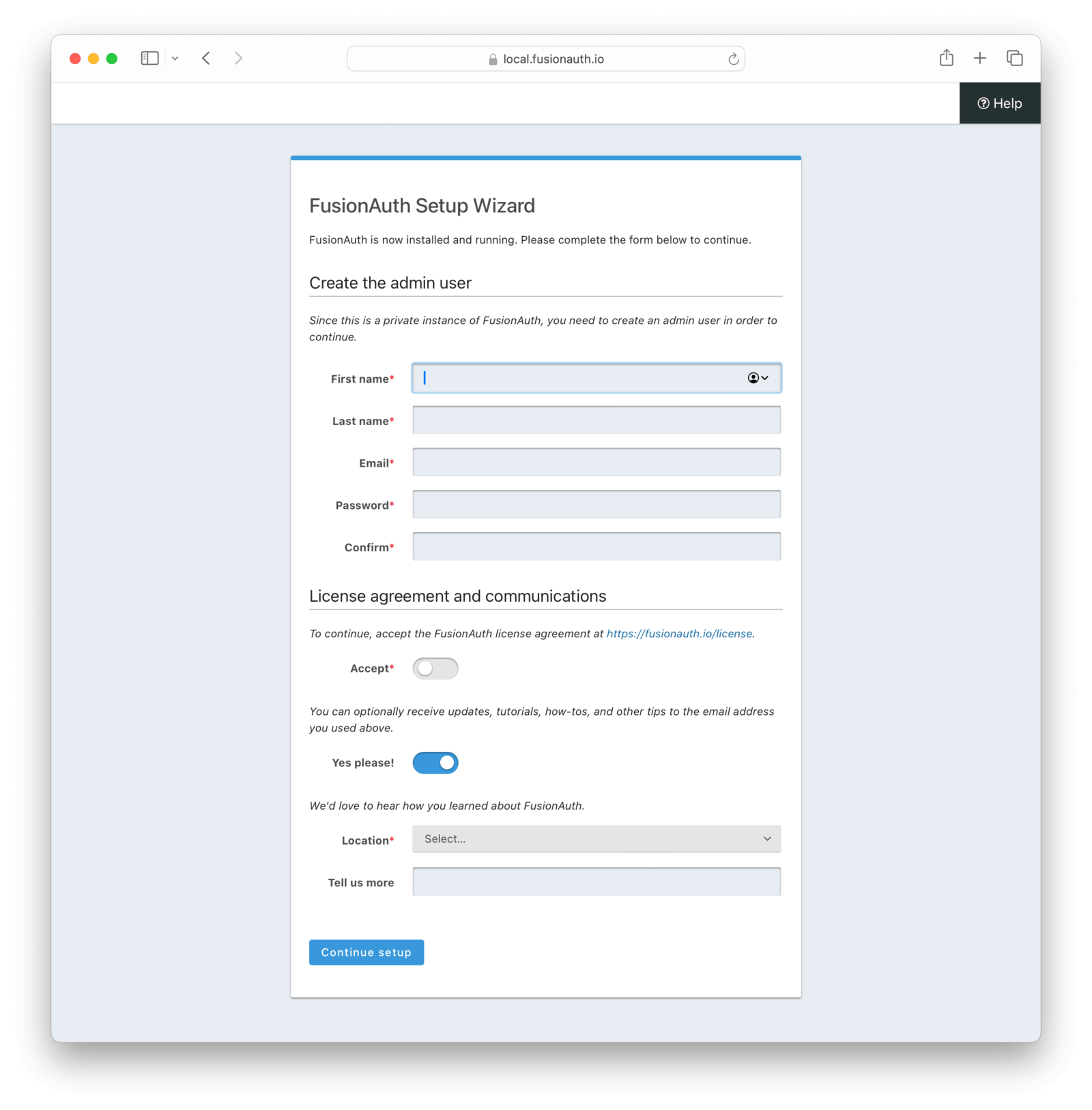 FusionAuth setup wizard.