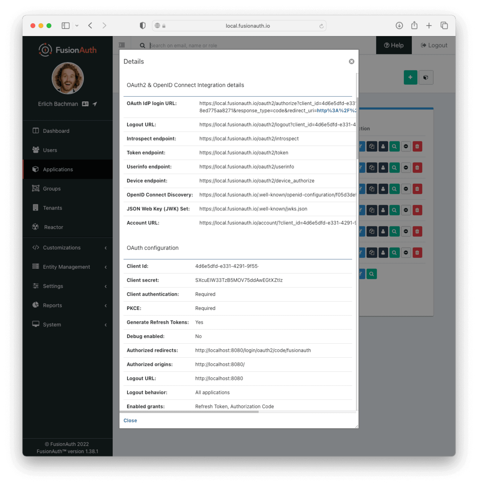 View application page in FusionAuth