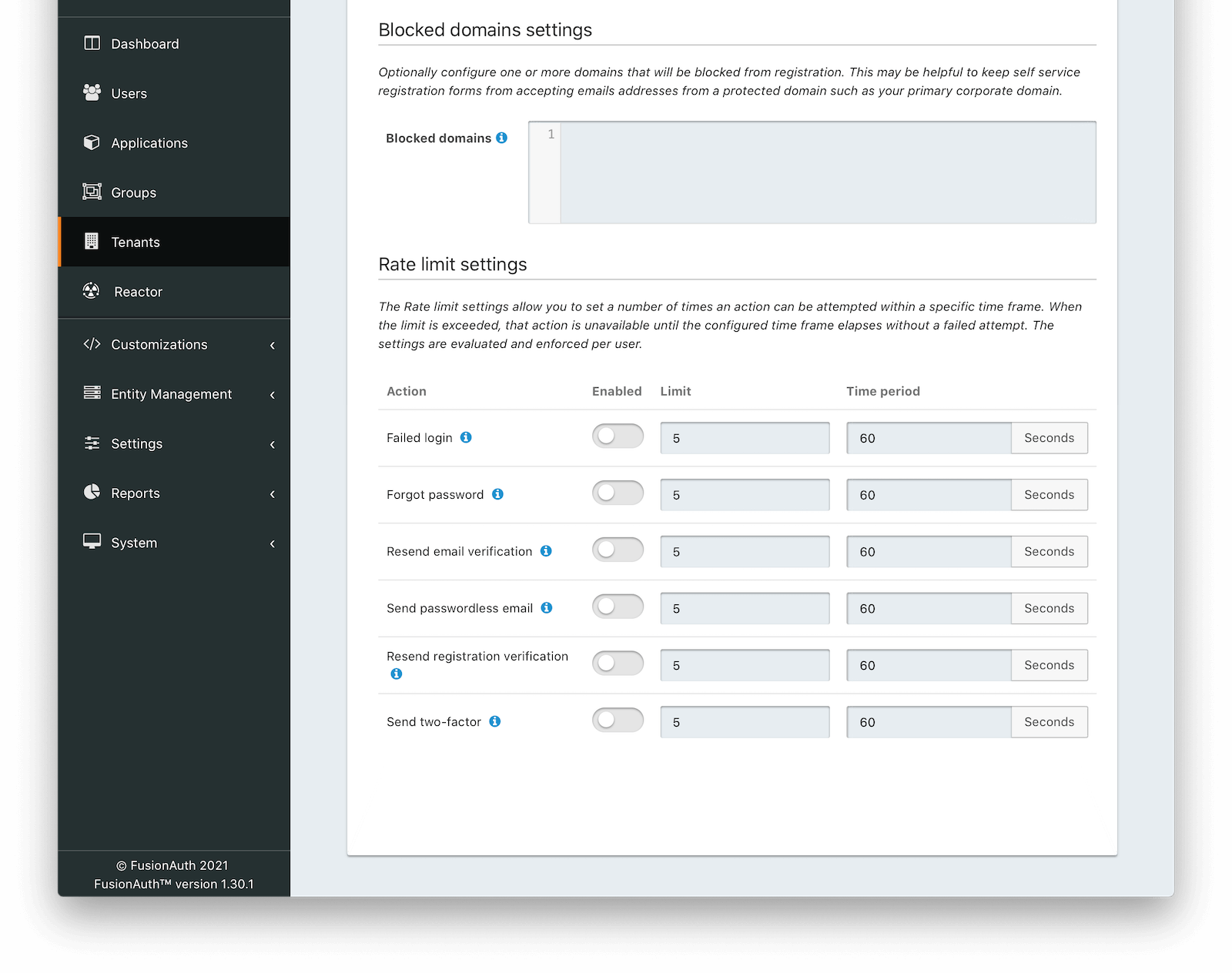 Tenant Configuration - Security: Blocked domains and rate limiting