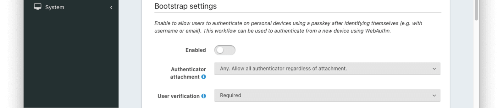 Tenant Configuration - WebAuthn Bootstrap settings