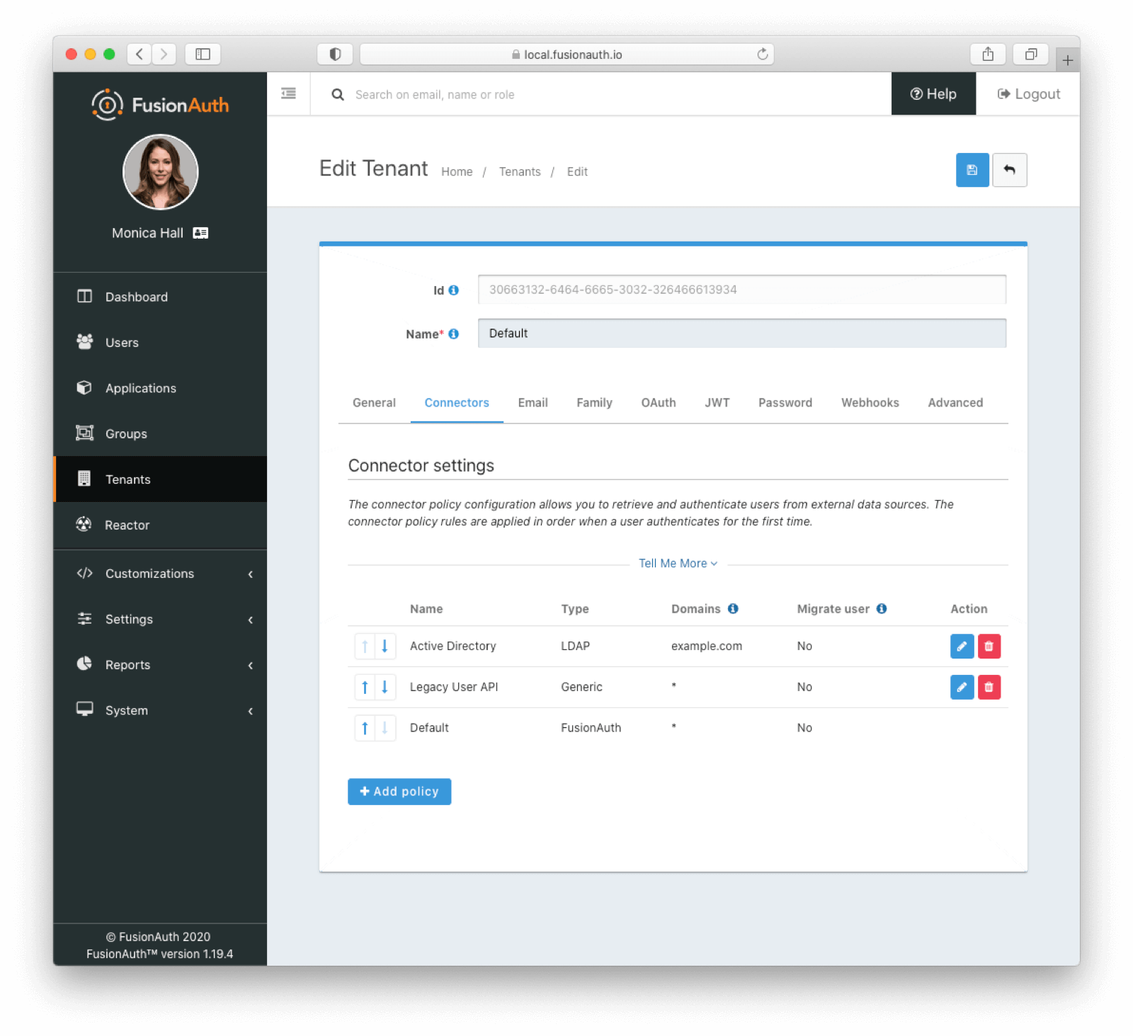 The Tenant Connector policy configuration tab.