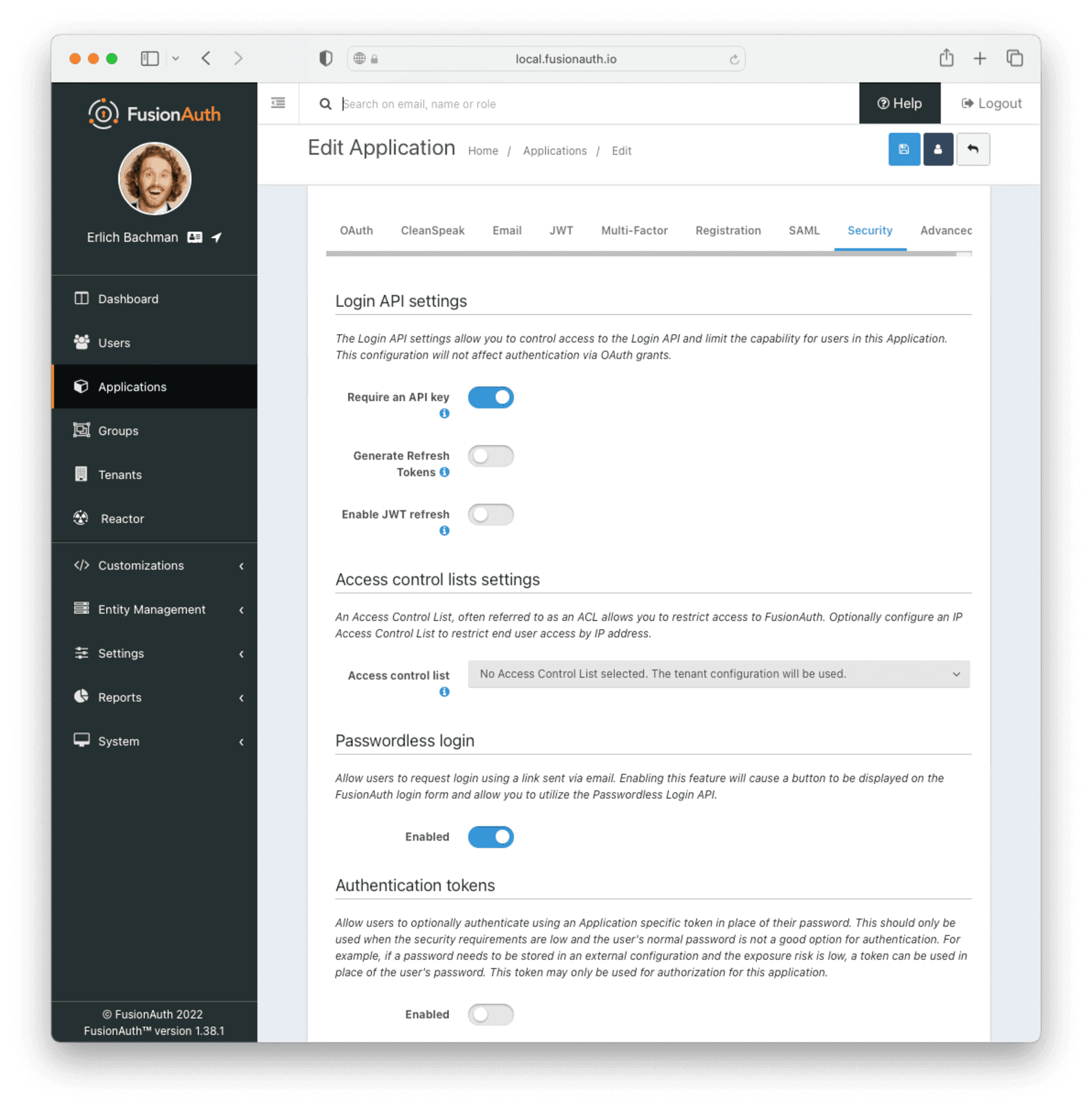 Configuration for a tenant with passwordless login enabled in FusionAuth