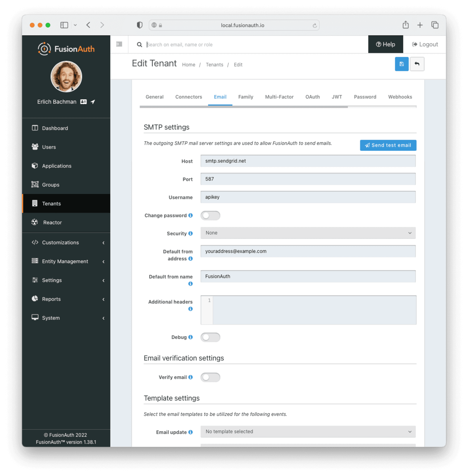 Completed SMTP configuration for a tenant in FusionAuth