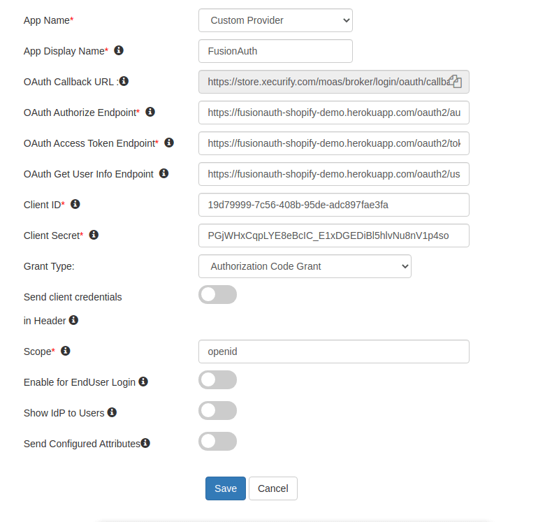 The IdP setup window.