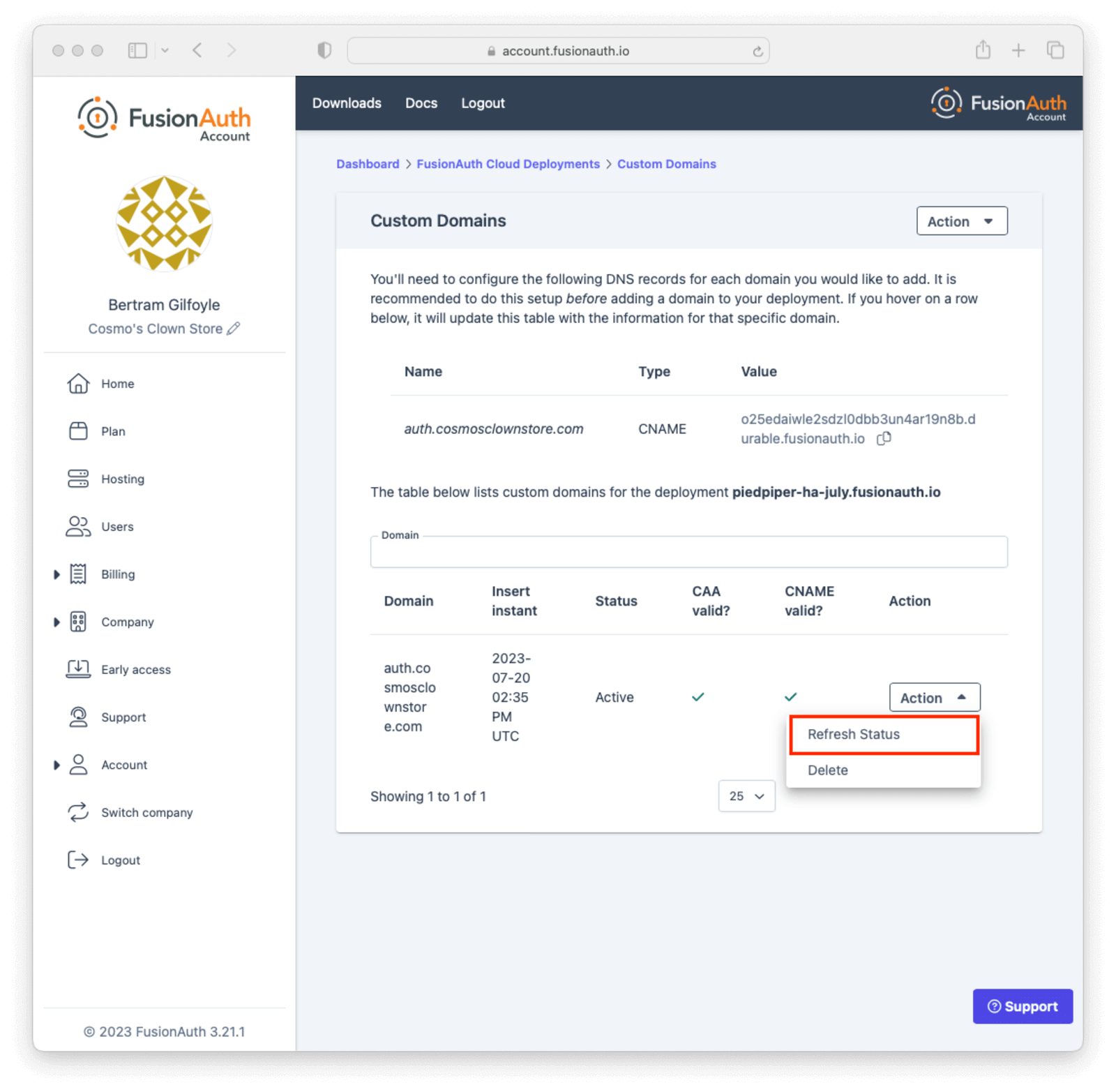 Action button to refresh a custom domain status.