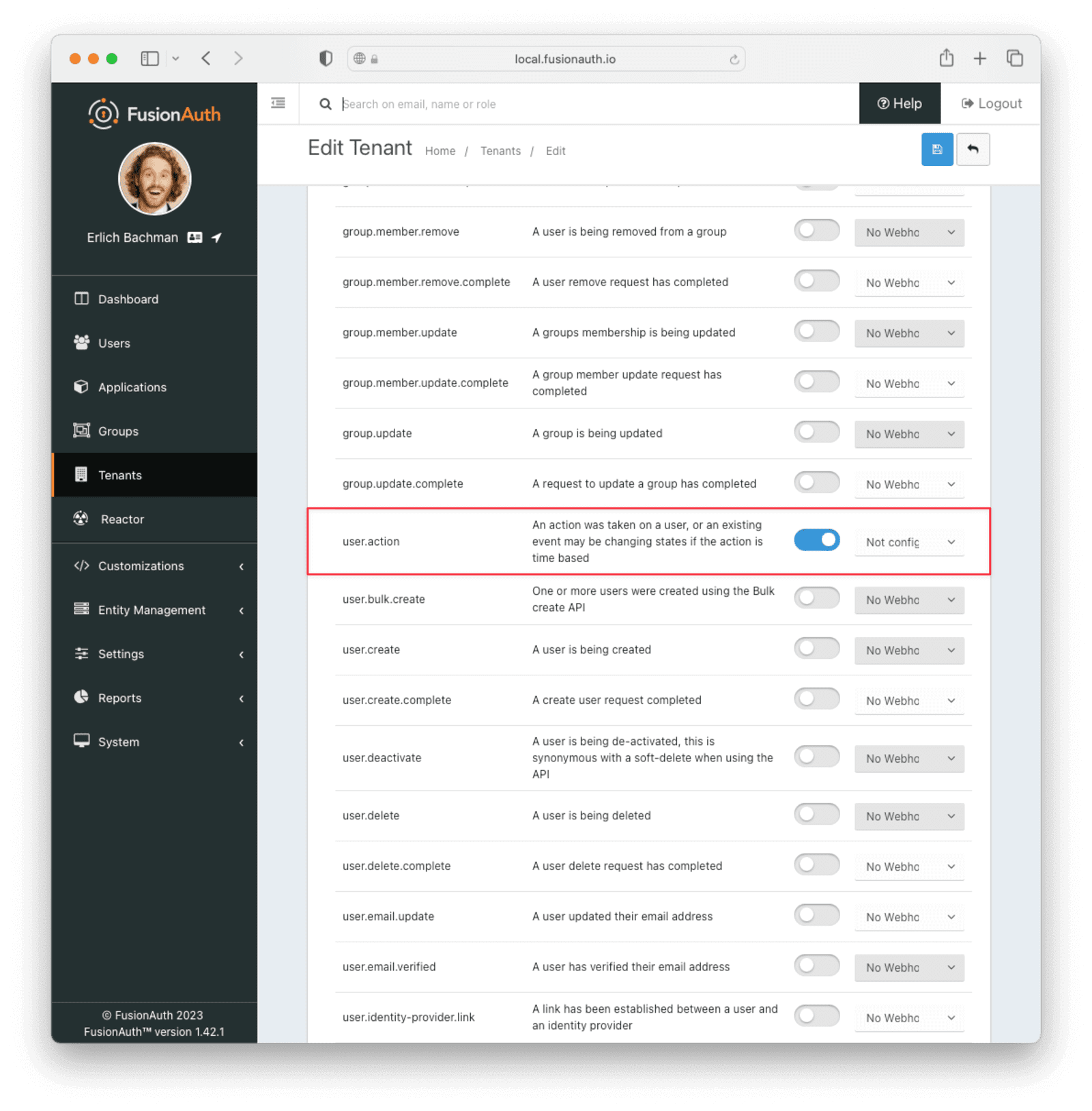 Ensure that the user.action event is enabled on your FusionAuth Tenant