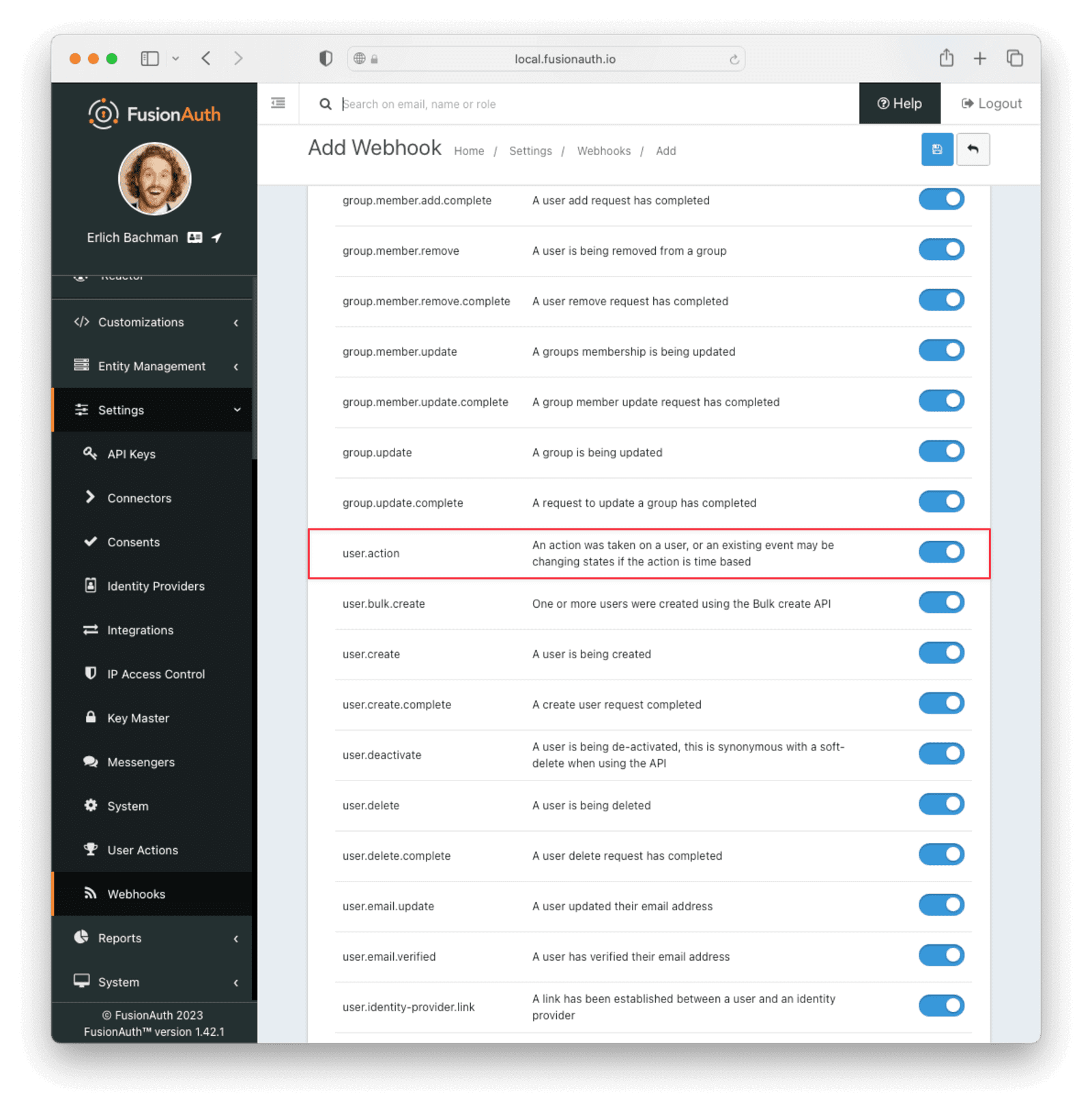 Ensure that the user.action Webhook event switch is enabled.