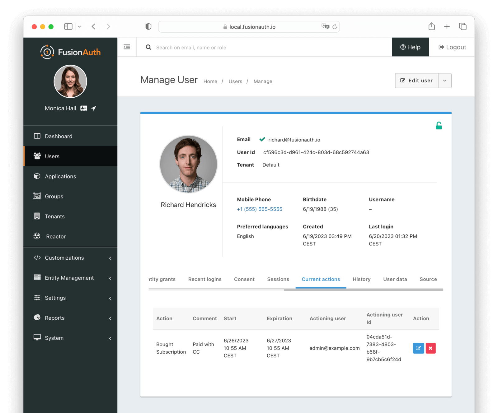 User current actions screen in the administrative user interface.