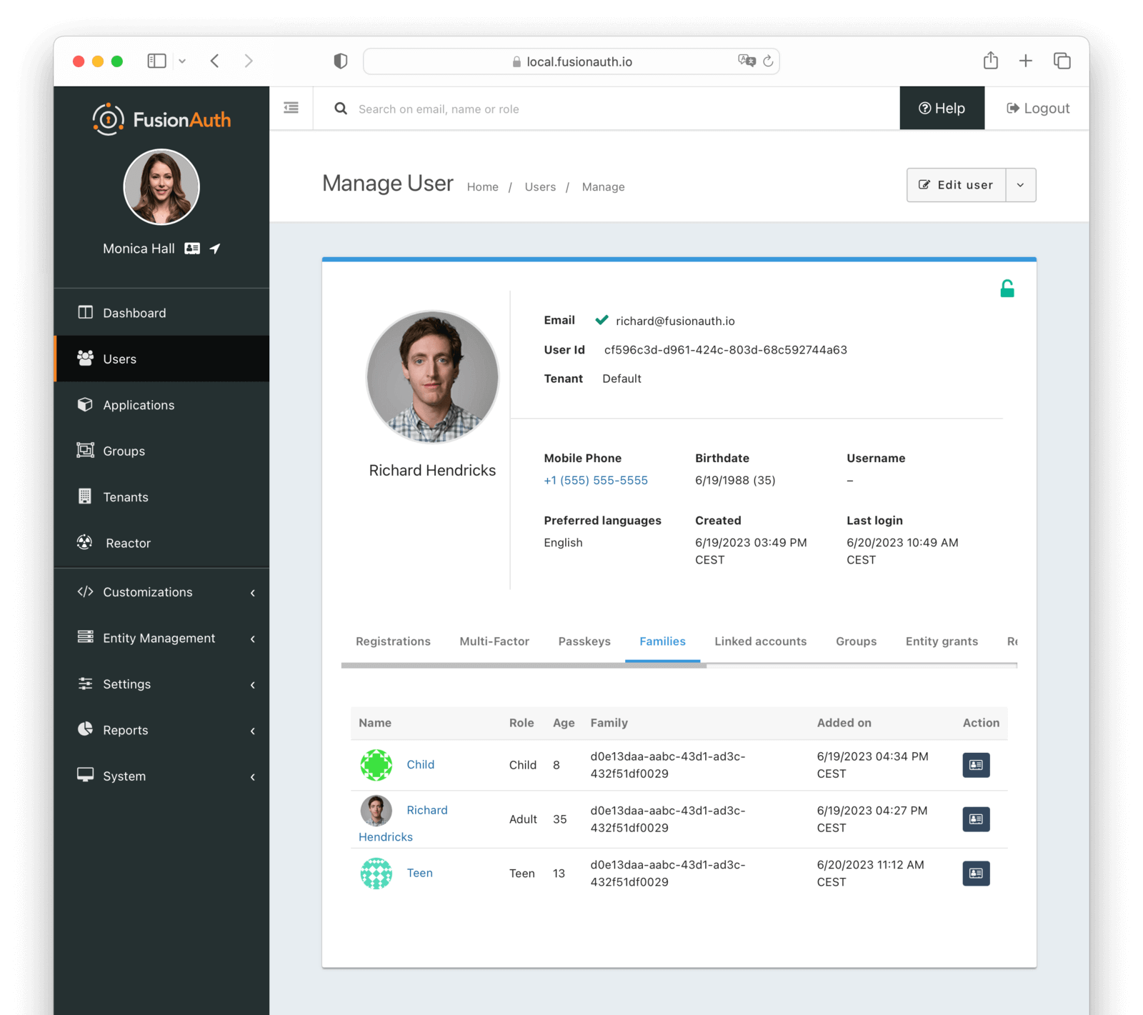 User families screen in the administrative user interface.