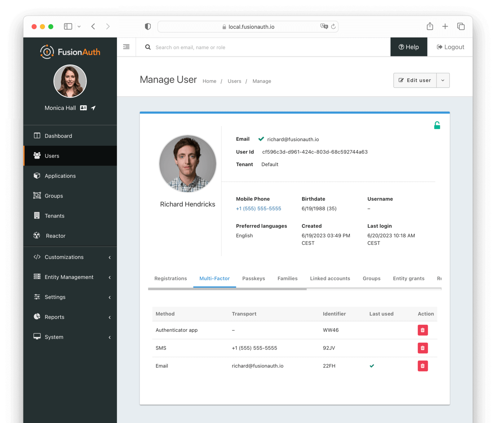 User multi-factor screen in the administrative user interface.