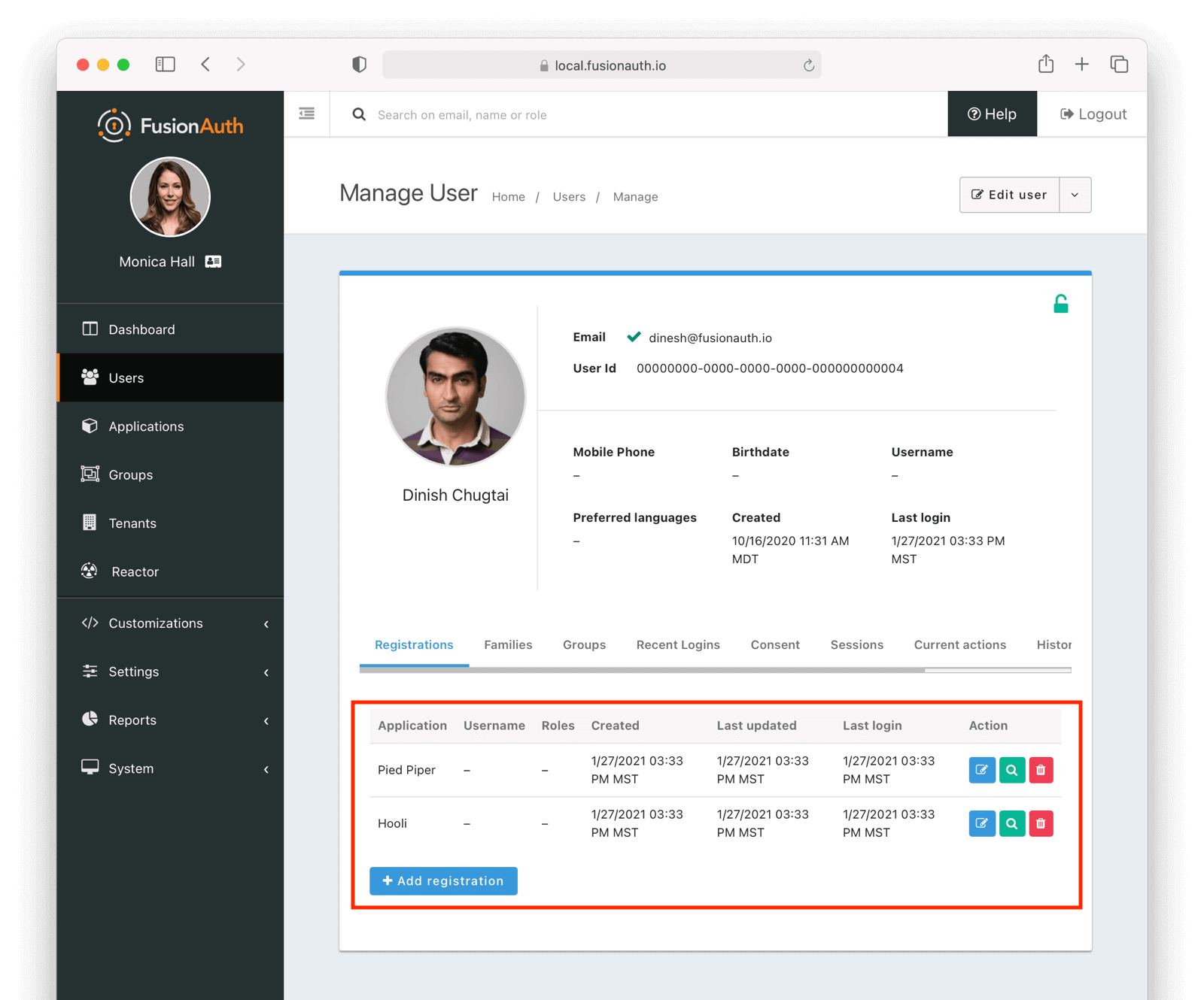 Registering a user for both applications.