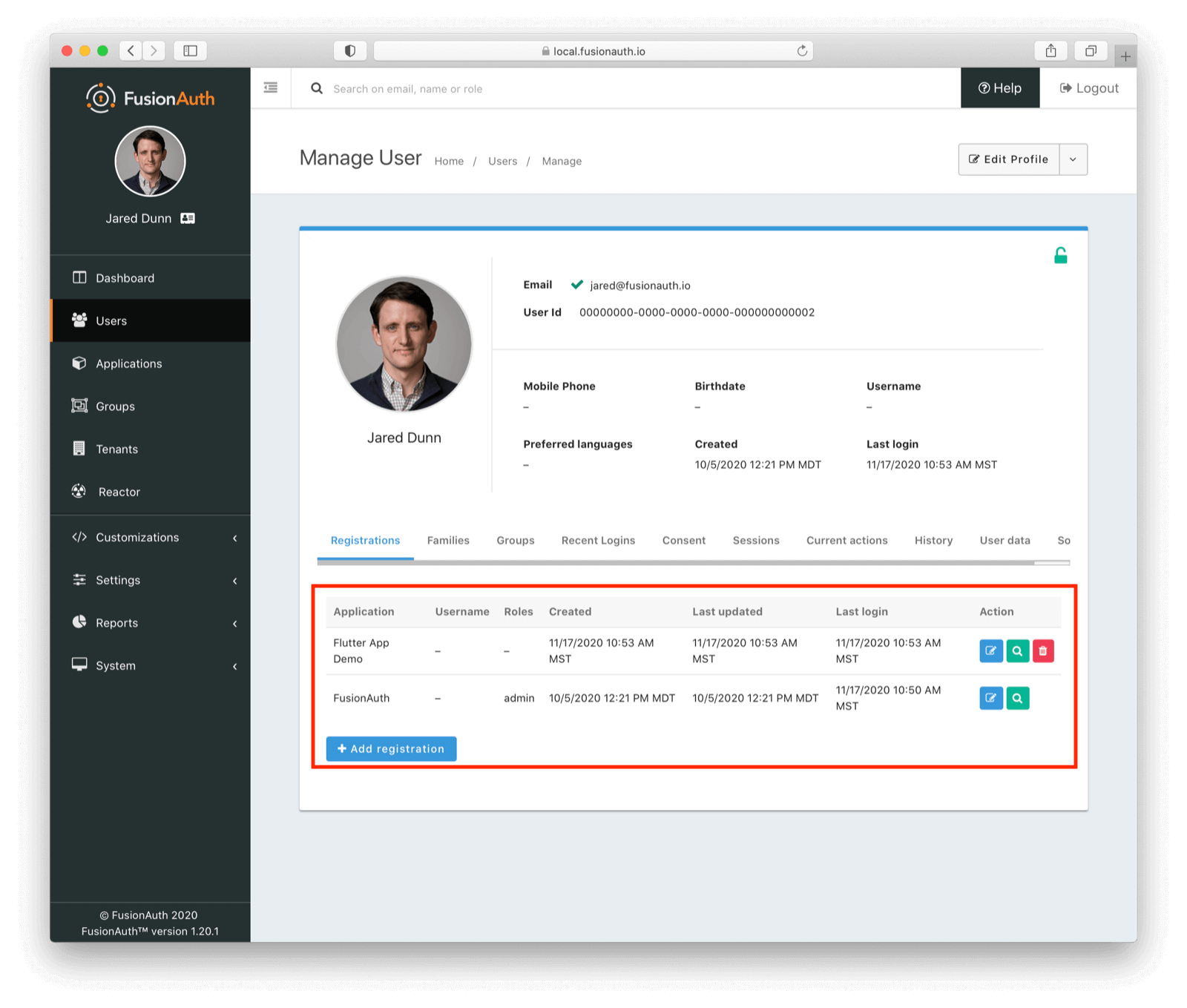 Registering the user for the new application..