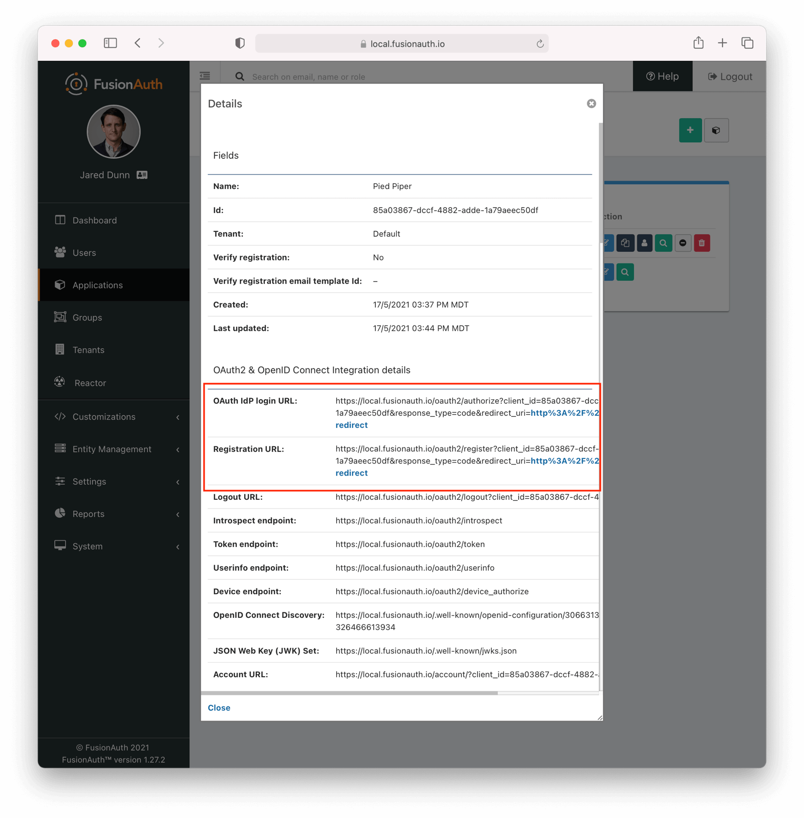 View application details to see the relevant URLs